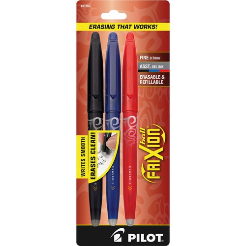 Rollerball Gel Pen, Erasable, 0.7mm, 3/PK, Ast Barrel/Ink