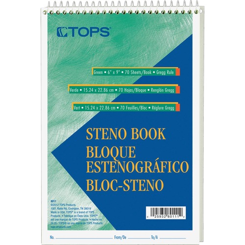 Steno Book, Gregg Rule, 70 Sheets/PD, 6"x9", GN Tint