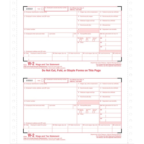 W-2 Tax Form, 4 Part, 8-1/2"x5-1/2", 24/PK, White