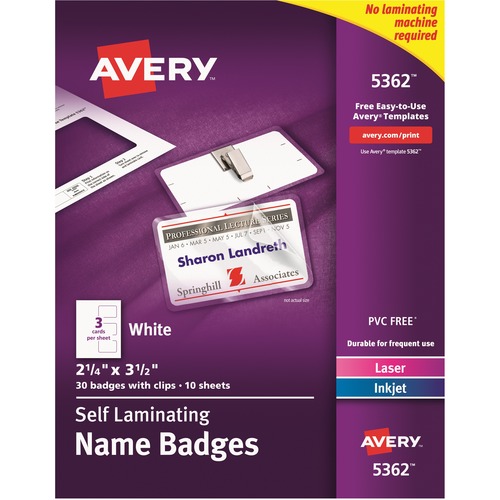 Self-Laminating Laser/inkjet Printer Badges, 2 1/4 X 3 1/2, White, 30/box