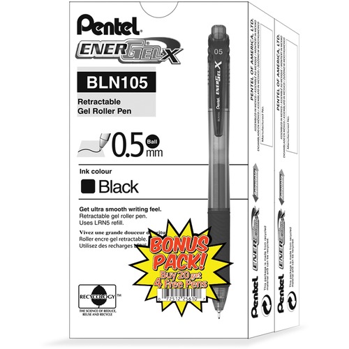 Energel-X Retractable Roller Gel Pen, .5mm, Black Barrel, Black Ink, 24/pack