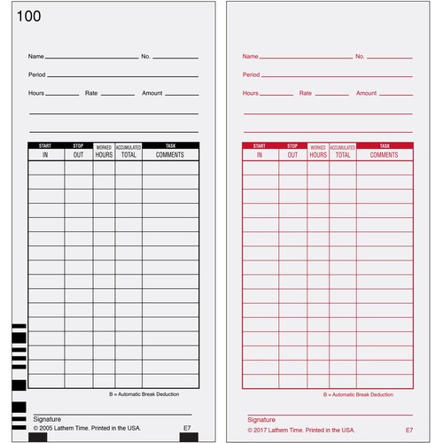 Time Card For Lathem Model 7000e, Numbered 1-100, Two-Sided, 100/pack