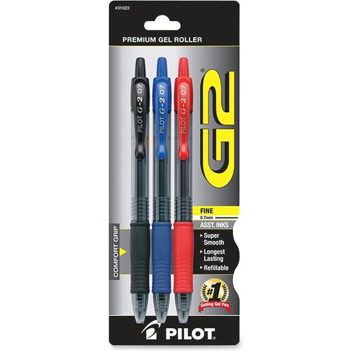 G2 Premium Retractable Gel Ink Pen, Refillable, Assorted Ink, .7mm, 3/pack