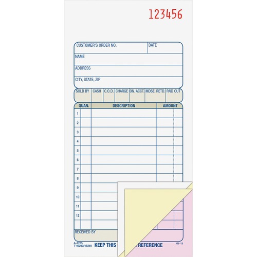 Carbonless Sales Order Book, Three-Part Carbonless, 3 1/4 X 7 1/8, 50 Sheets