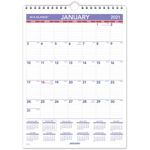 MONTHLY WALL CALENDAR WITH RULED DAILY BLOCKS, 8 X 11, WHITE, 2021