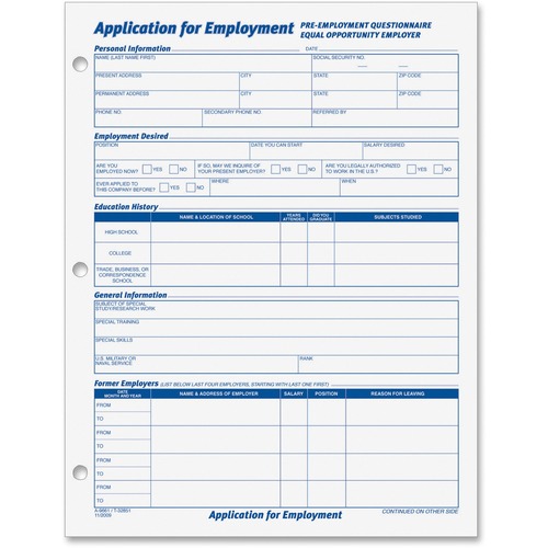 Employee Application Form, 8 3/8 X 11, 50/pad, 2/pack