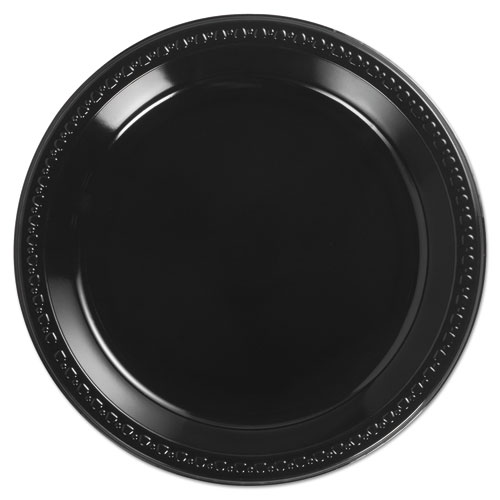 Heavyweight Plastic Plates, 10 1/4" Black, Round, 125/Pack, 4 Packs/Carton