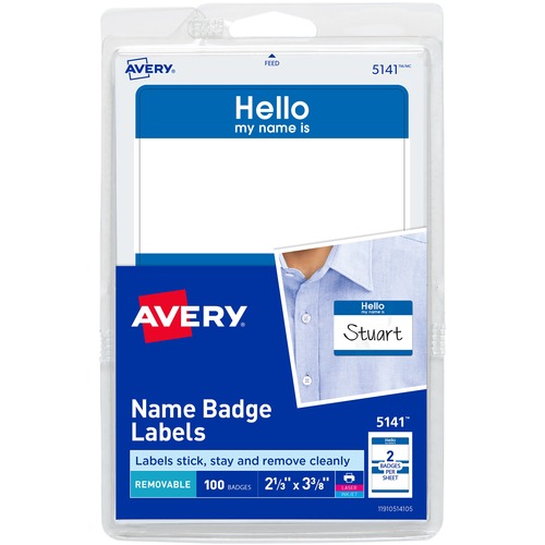 PRINTABLE ADHESIVE NAME BADGES, 2 1/3 X 3 3/8, BLUE "HELLO", 100/PACK