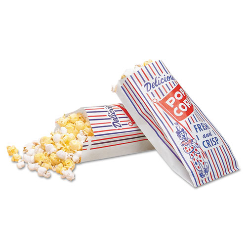 Pinch-Bottom Paper Popcorn Bag, 4w X 1-1/2d X 8h, Blue/red/white, 1000/carton