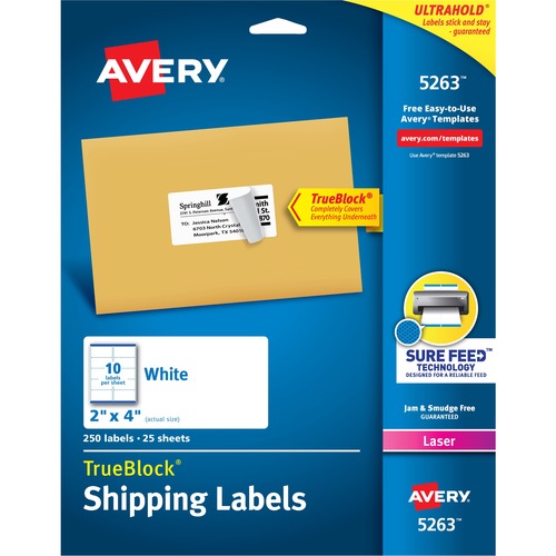 SHIPPING LABELS W/ TRUEBLOCK TECHNOLOGY, LASER PRINTERS, 2 X 4, WHITE, 10/SHEET, 25 SHEETS/PACK