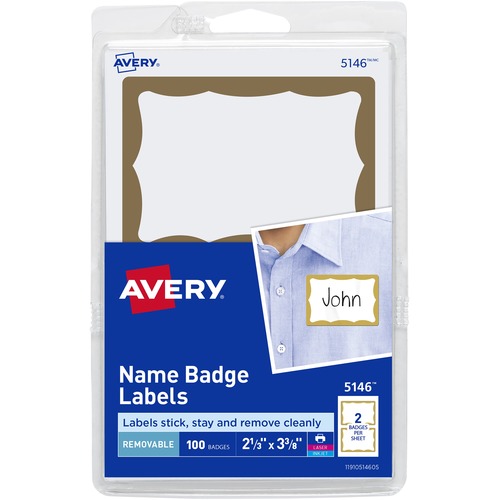 PRINTABLE ADHESIVE NAME BADGES, 2 1/3 X 3 3/8, GOLD BORDER, 100/PACK