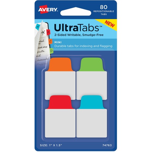 Ultra Tabs Repositionable Tabs, 1 X 1.5, Primary:blue, Green, Orange, Red, 80/pk