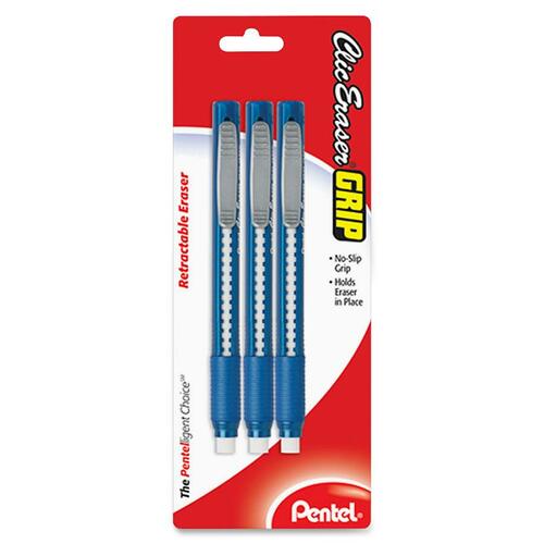 Clic Eraser Pencil-Style Grip Eraser, Assorted, 3/pack