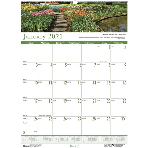 RECYCLED GARDENS OF THE WORLD MONTHLY WALL CALENDAR, 15 1/2 X 22, 2019