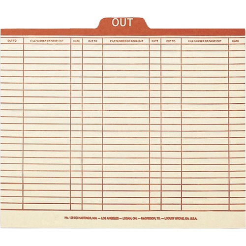 Charge-Out Record Guides, 1/5, Red "out" Tab, Manila, Letter, 100/box