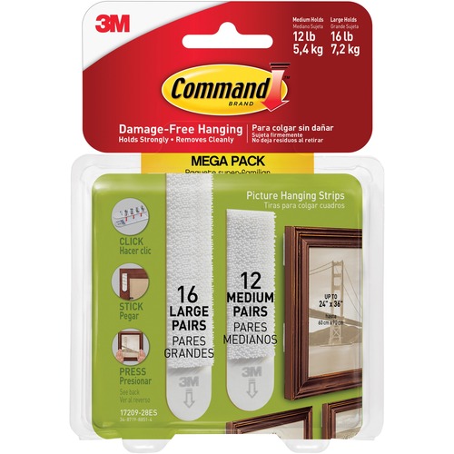 Picture Hanging Strips, 3 lb or 4 lb Cap/Set, 28/PK, White